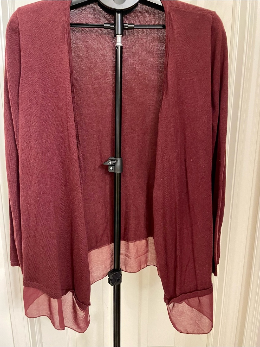 Anna Burgundy Open-Front Cardigan with Sheer Hem